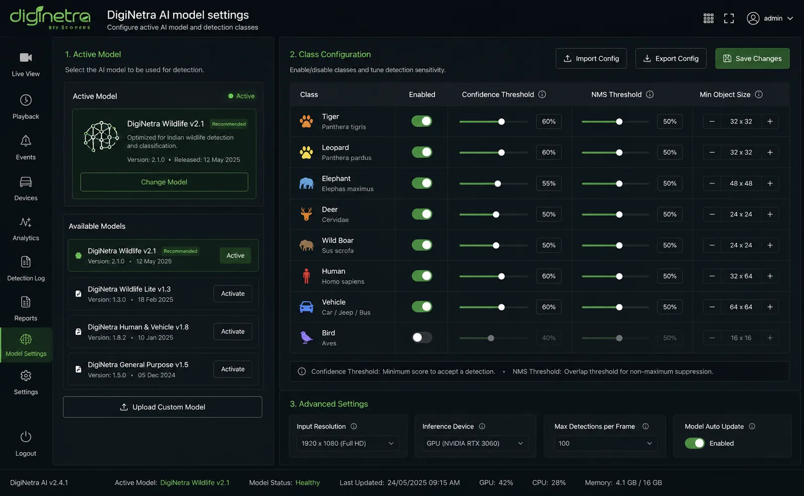 Mirage VMS model settings — a panel for swapping the active detection model and tuning which classes are detected.