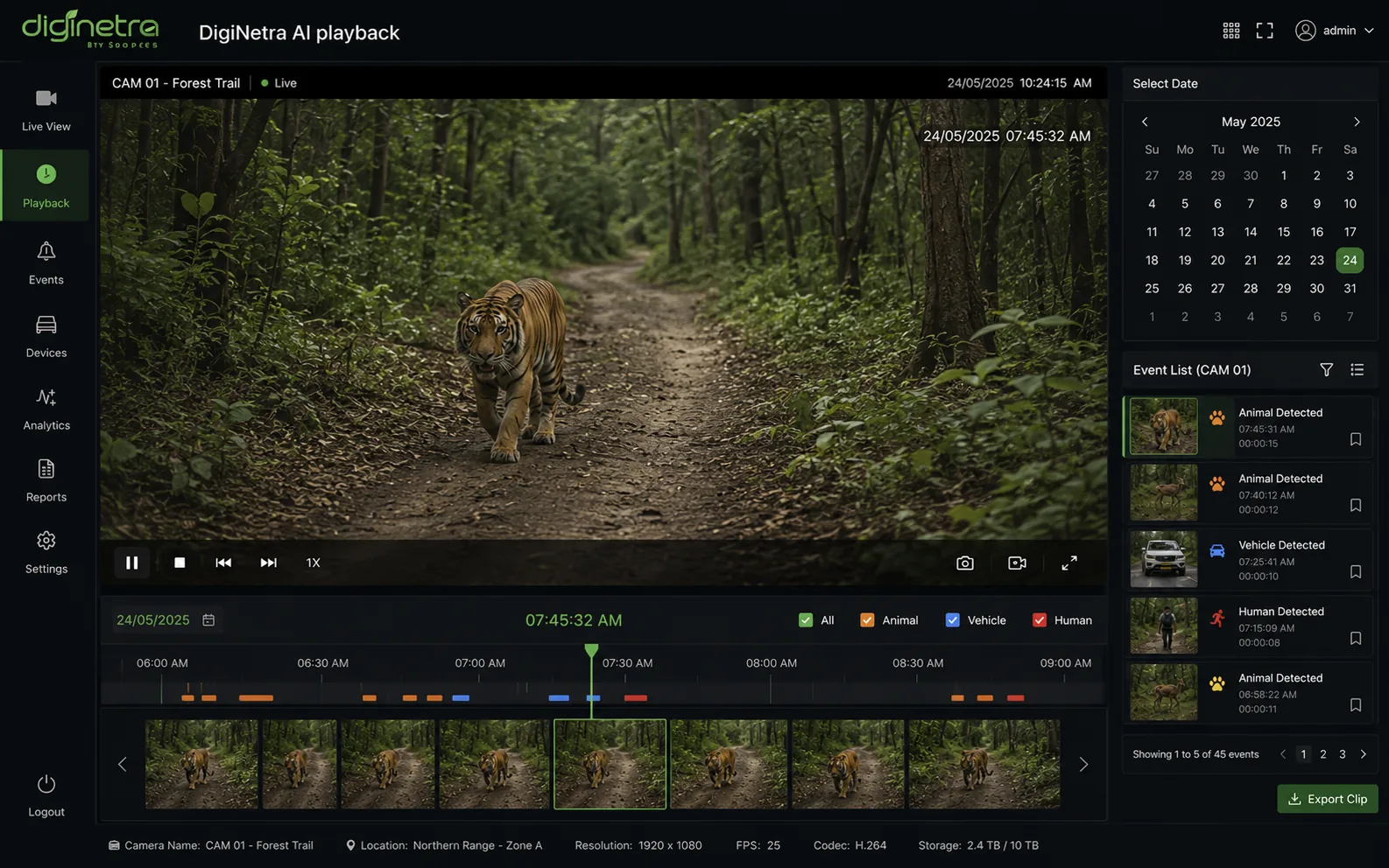 Mirage VMS playback screen — a timeline scrubber reviewing recorded footage from a single camera.